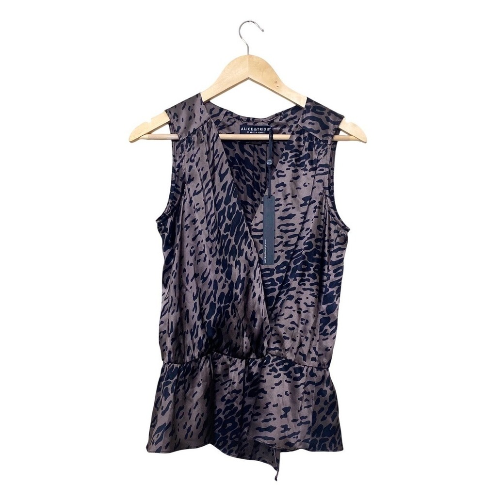 Alice & Trixie Angela George Silk Leopard Print Wrap‎ Peplum Top Brown Black XS